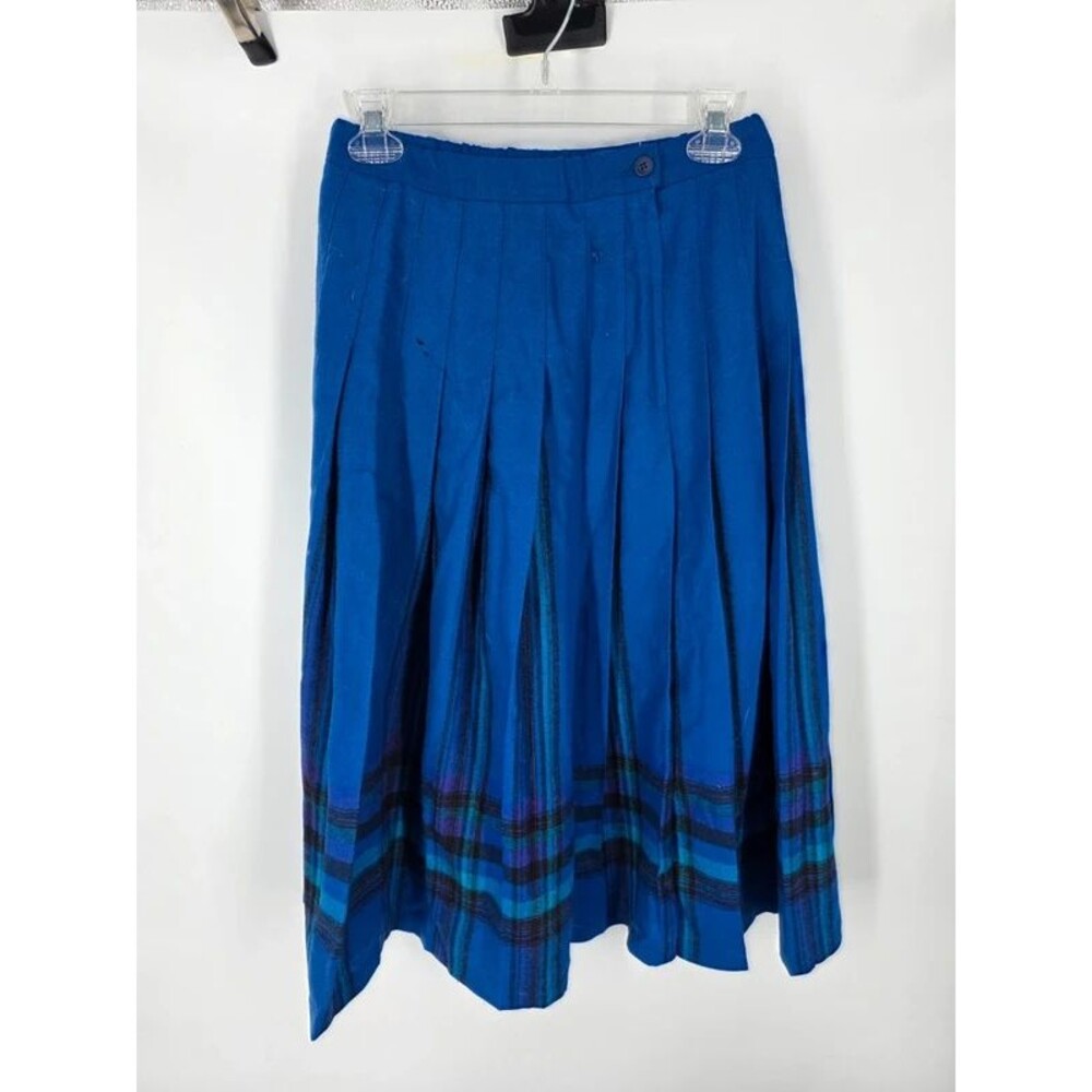 Pendleton Vintage Pure Wool Pleated Midi Skirt Petite Size 10 Royal Blue Plaid